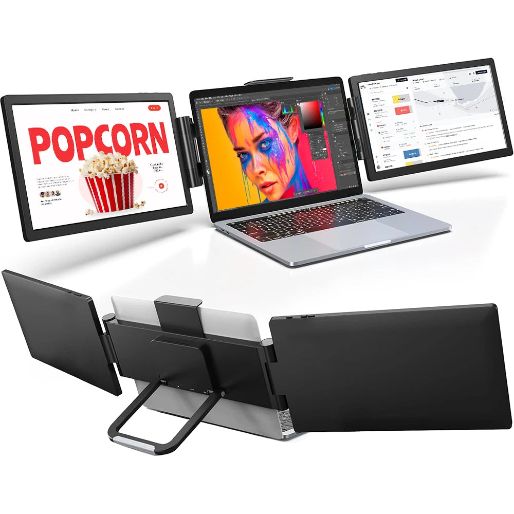 SIBOLAN 14 Inch Triple Portable Monitor 1920*1200P IPS LCD Tri Screen Extender Laptop Patent Design Dual Type-c USB 3.0 Display