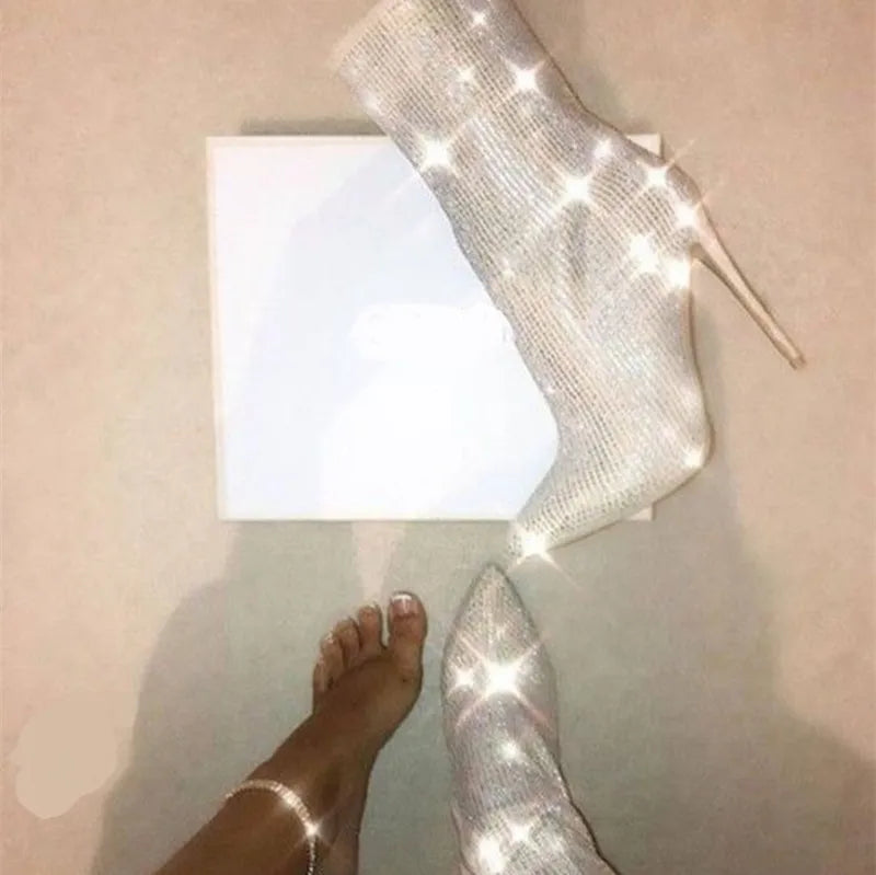 Crystal Thin High Heel Ankle Boots for Women Sexy Pointed Toe Short Boots Side Zipper Fashion Ladies Shoes
