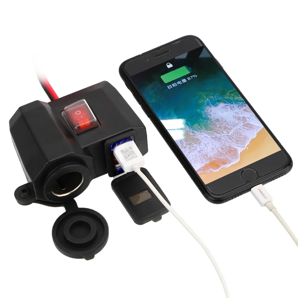 24V 12V Motorcycle USB Chargers 3.0 2.1A Cigarette Lighter Port Volt Switch Cover Cell Phone Power Adapter Splitter Accessories