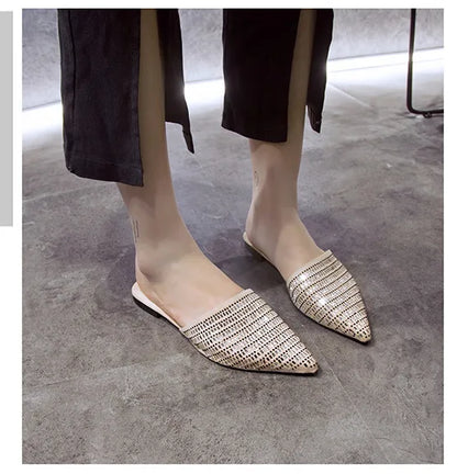 Brand New Design Shiny Diamond Women's Flat Shoes Open Heel Simple Mueller Shoes Casual Lazy Ladies Shoes
