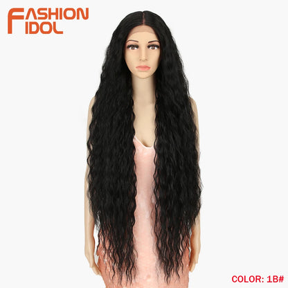 FASHION IDOL 42" Loose Wave Lace Front Wig Hair Synthetic Wigs For Women Ombre Blonde Water Wavy Long Curly Hair Wig Cosplay