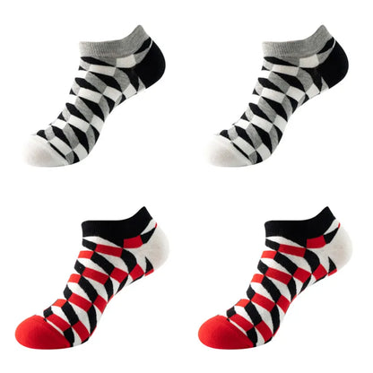 4 pairs Men's And Women's Latest Design Boat Socks Short Summer Socks Quality Business Geometric Lattice Colorful  Cotton Socks