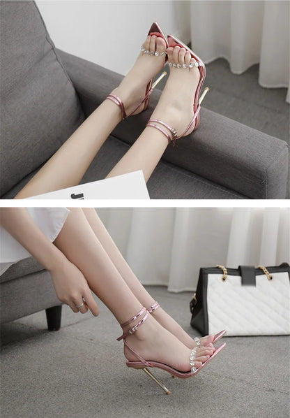 Eilyken Crystal Sexy Women Sandals Metal High Heels Ankle Buckle Strap Gladiator Ladies Pumps Stiletto Nightclub Party Shoes