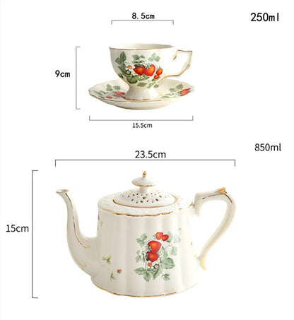 French Retro Teapot Coffee Cup Set Gold Edge Cup Saucer Strawberry Flower Big Teacup English Afternoon Tea Restaurant Bar Cafe