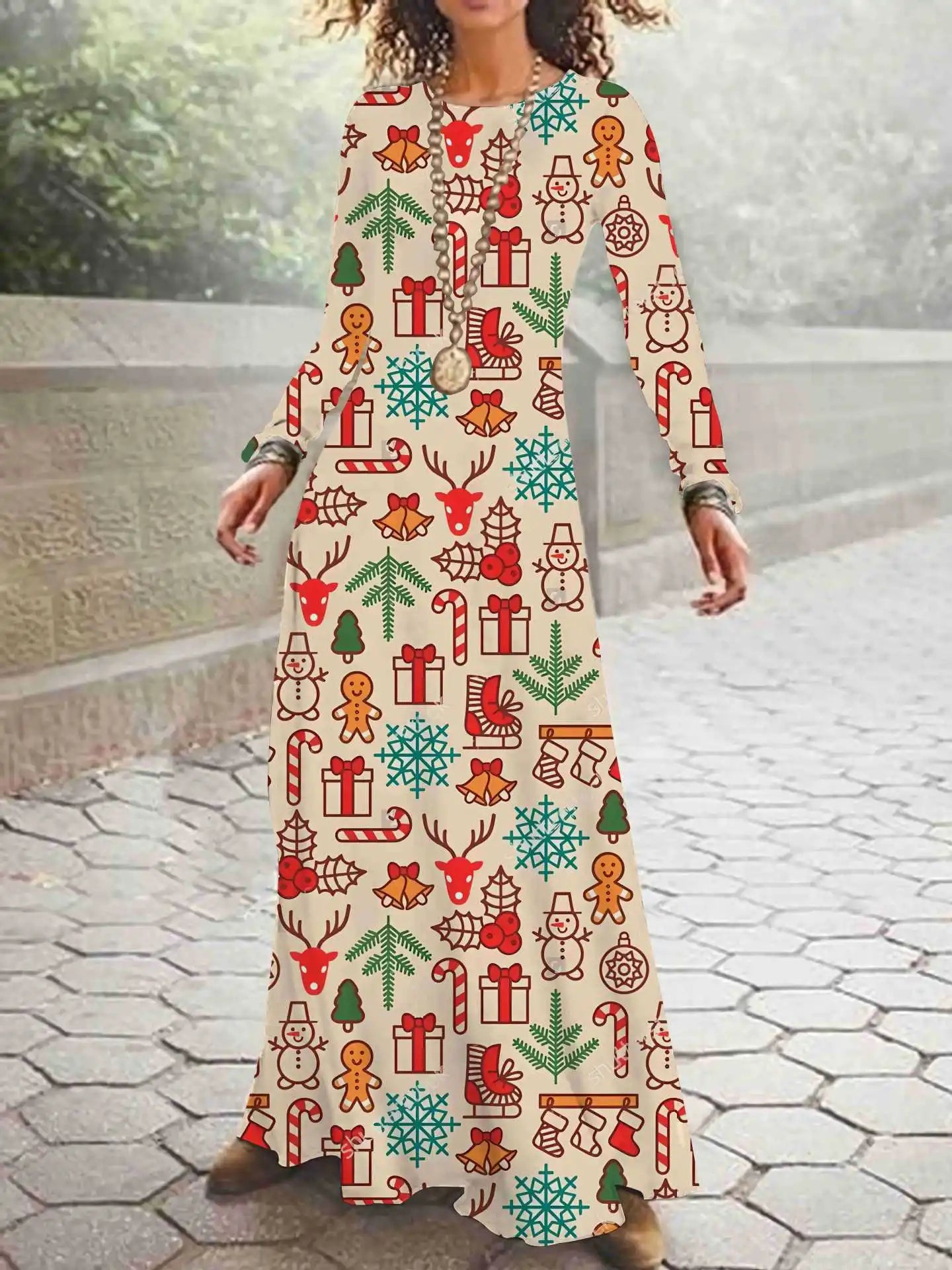 Print on Demand New Autumn and Winter Long Sleeved Christmas 3D Digital Printed Dress