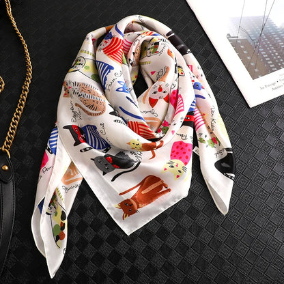Spring and summer NEW Luxury Brand 90x90cm Silk Square Scarf Women Tie Hairband Cat printed Scarves Female Foulard scarf stores