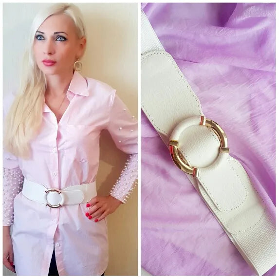 Women’s Elastic Stretch Wide Waist Belts w Wrapped Gold Circle Buckle