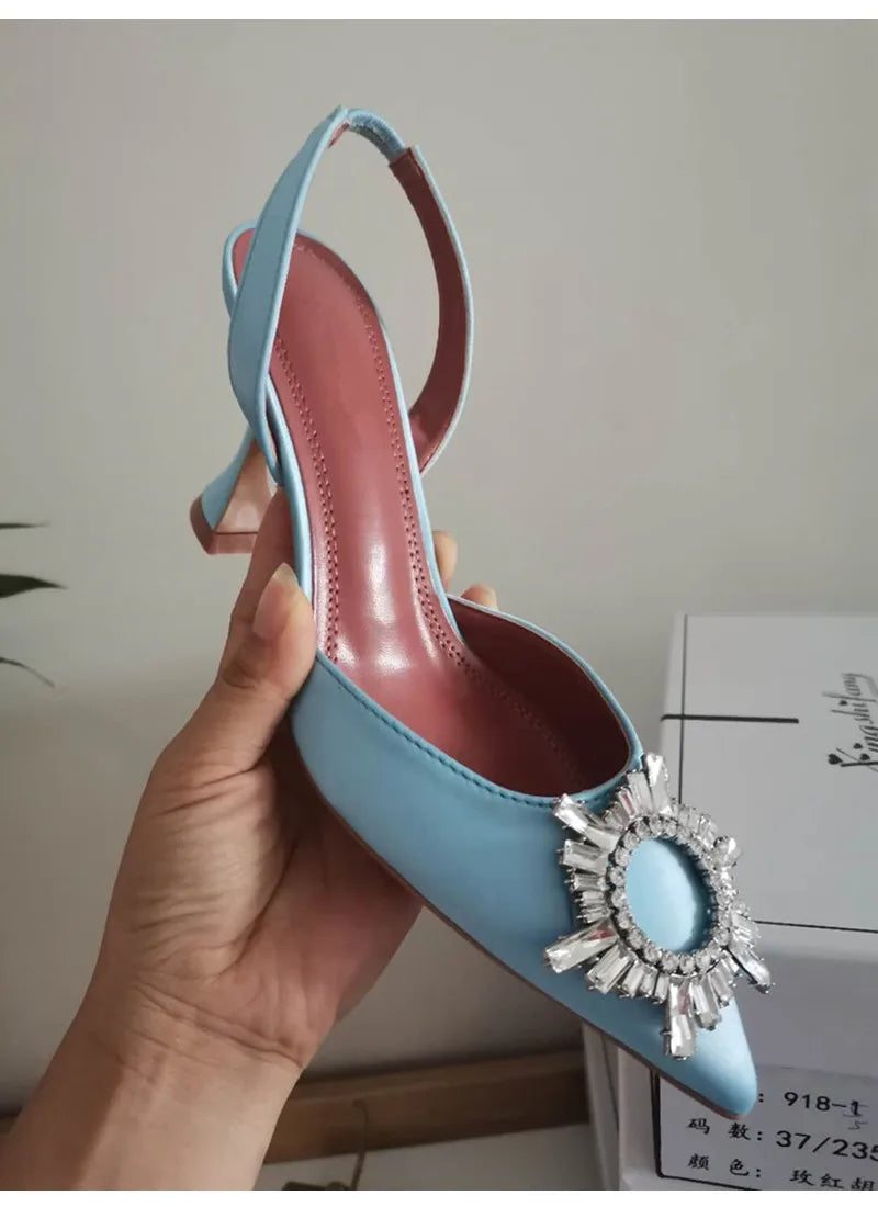 Brand Women Pumps Luxury Crystal Slingback High Heels Summer Bride Shoes Comfortable Triangle Heeled Party Wedding Shoes