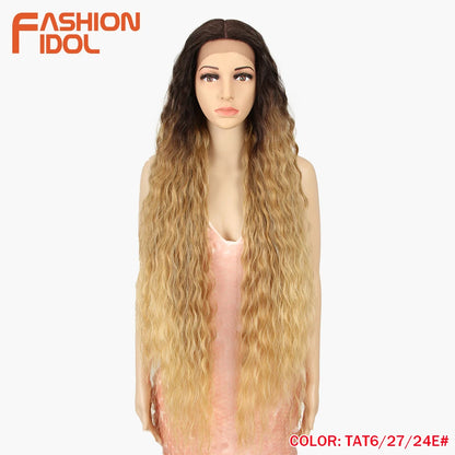 FASHION IDOL 42" Loose Wave Lace Front Wig Hair Synthetic Wigs For Women Ombre Blonde Water Wavy Long Curly Hair Wig Cosplay