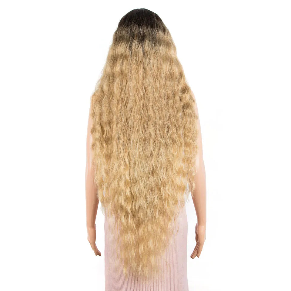 FASHION IDOL 42" Loose Wave Lace Front Wig Hair Synthetic Wigs For Women Ombre Blonde Water Wavy Long Curly Hair Wig Cosplay