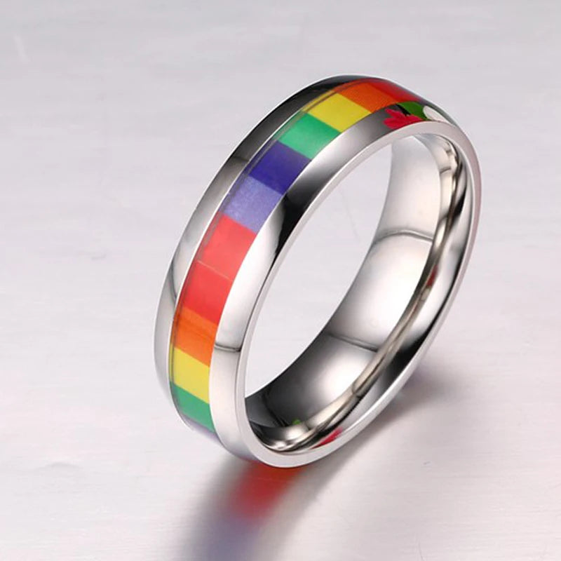 Wholesale Rainbow Lesbian Rings silver color Stainless Steel Lgbt Pride Ring 6m Width