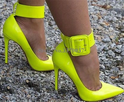 Ladies Charming Pink Patent Leather Pointed Toe Ankle Wrap Pumps Buckle Design Classical Style High Heels Formal Dress Shoes