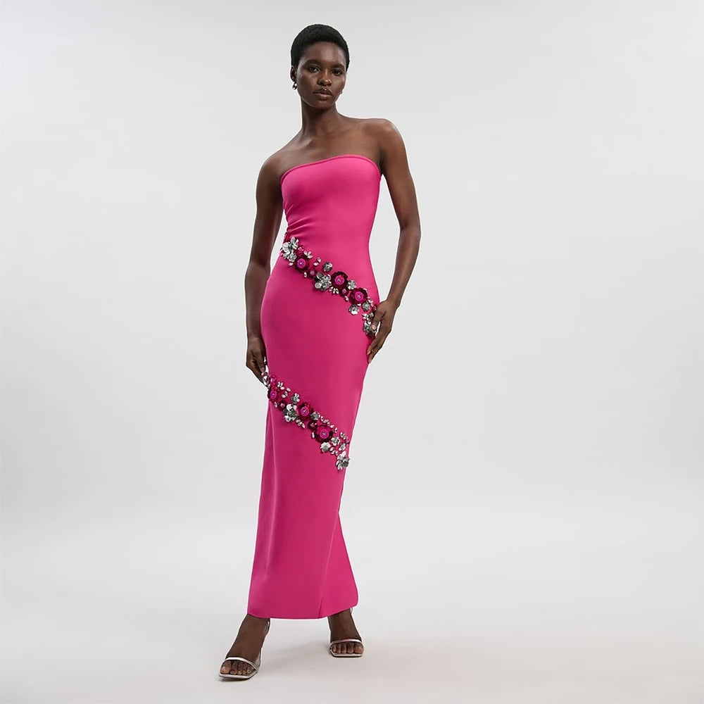 Women's New Style Sexy Sleeveless Strapless Beaded Sequined Flowers Bandage Evening Dresses
