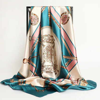 Handkerchiefs Hair Silk Scarf 90*90cm Print Satin Big Square Silk Scarves Shawls for Women Luxury Brand Designer Hijab Headband