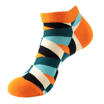 4 pairs Men's And Women's Latest Design Boat Socks Short Summer Socks Quality Business Geometric Lattice Colorful  Cotton Socks