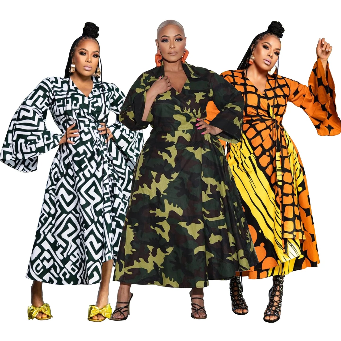 N8038 Cross-border Large-sized African Women's Clothing Autumn New Style Lace-up Irregular Dress With Large Swing Long-sleeved