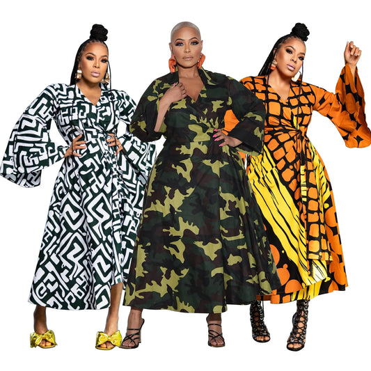 N8038 Cross-border Large-sized African Women's Clothing Autumn New Style Lace-up Irregular Dress With Large Swing Long-sleeved