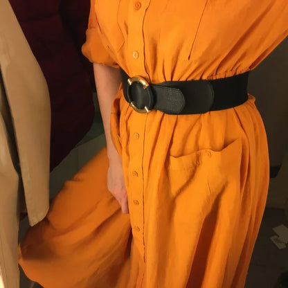 Women’s Elastic Stretch Wide Waist Belts w Wrapped Gold Circle Buckle