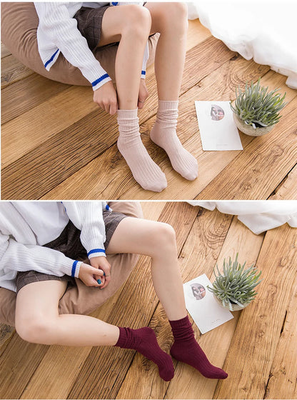 1 Pair Retro Women Cotton Loose Socks Autumn Winter Knitting Solid Color Long Black Korean Japanese Student Girls Stockings