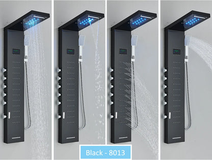 LED Shower Panel Tower System Rain Waterfall Shower Column Hydroelectricity LCD Display With Massage Body Spa Bath Shower Faucet