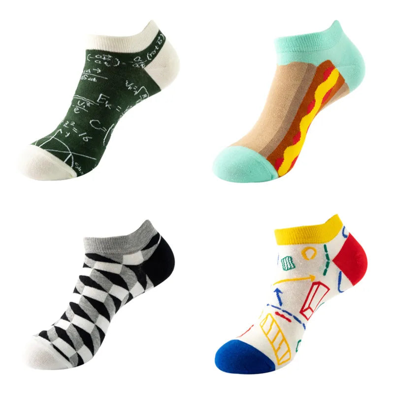 4 pairs Men's And Women's Latest Design Boat Socks Short Summer Socks Quality Business Geometric Lattice Colorful  Cotton Socks