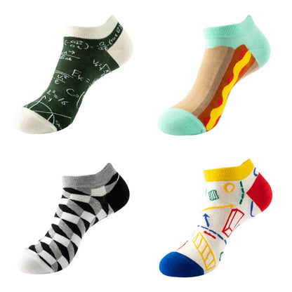 4 pairs Men's And Women's Latest Design Boat Socks Short Summer Socks Quality Business Geometric Lattice Colorful  Cotton Socks