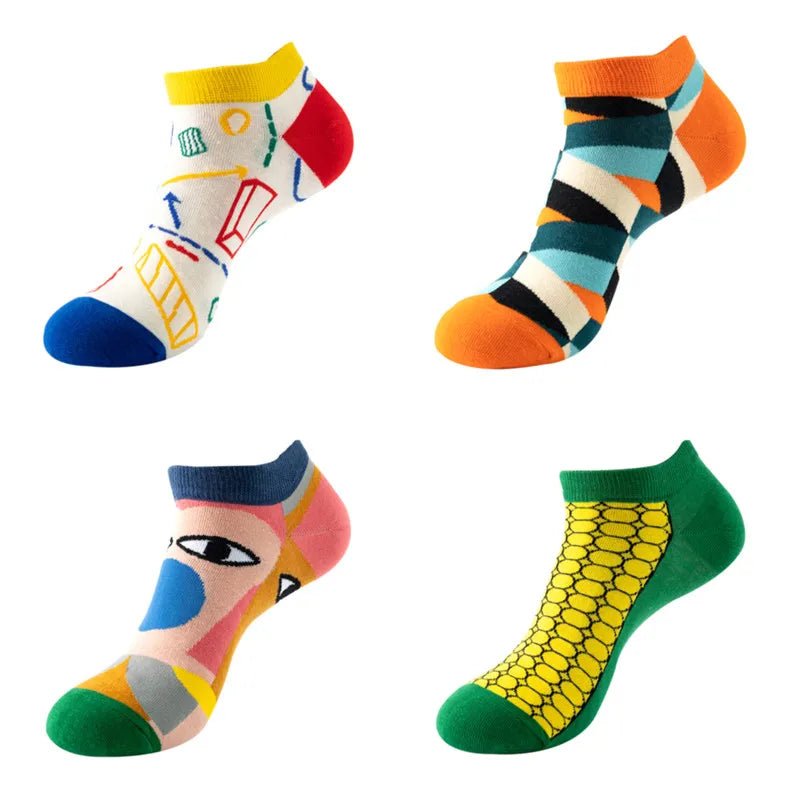 4 pairs Men's And Women's Latest Design Boat Socks Short Summer Socks Quality Business Geometric Lattice Colorful  Cotton Socks