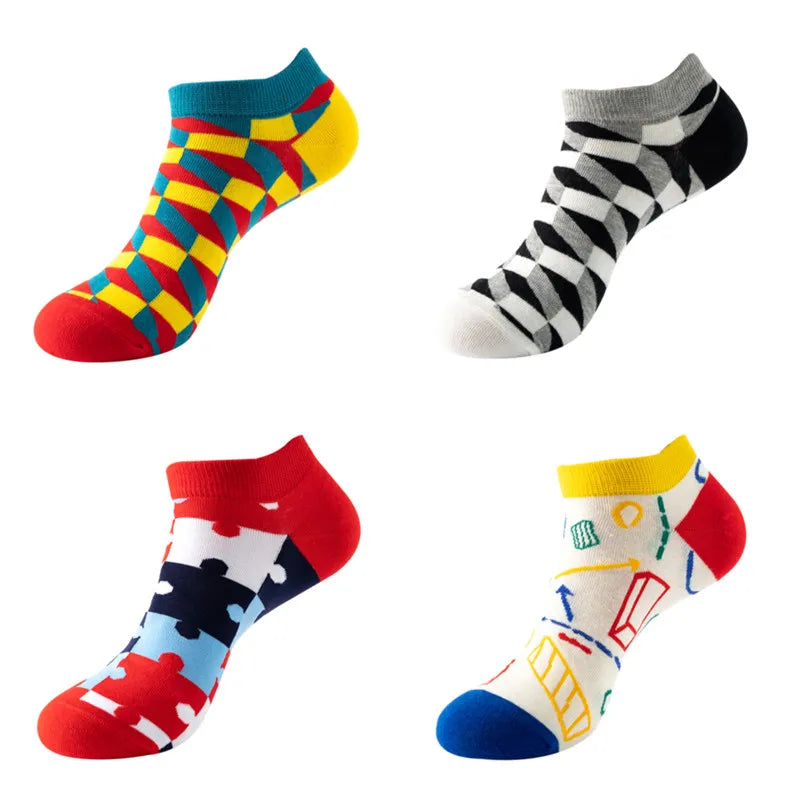 4 pairs Men's And Women's Latest Design Boat Socks Short Summer Socks Quality Business Geometric Lattice Colorful  Cotton Socks