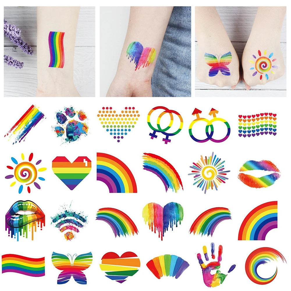 12Pcs Rainbow Temporary Tattoo Waterproof Body Art Butterfly Flower Arm Fake Tattoo Facial Stickers for Pride Festivals