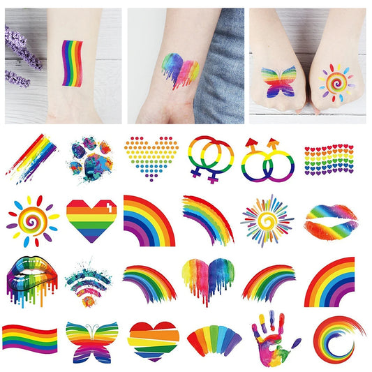 12Pcs Rainbow Temporary Tattoo Waterproof Body Art Butterfly Flower Arm Fake Tattoo Facial Stickers for Pride Festivals