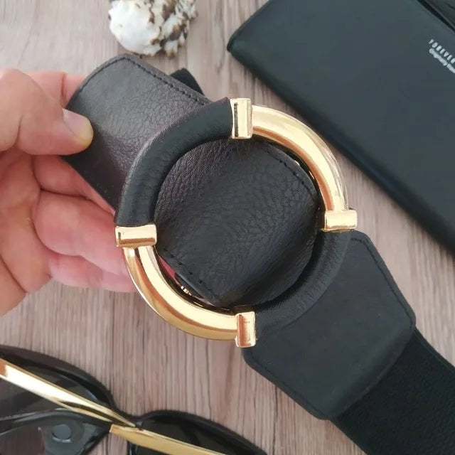 Women’s Elastic Stretch Wide Waist Belts w Wrapped Gold Circle Buckle