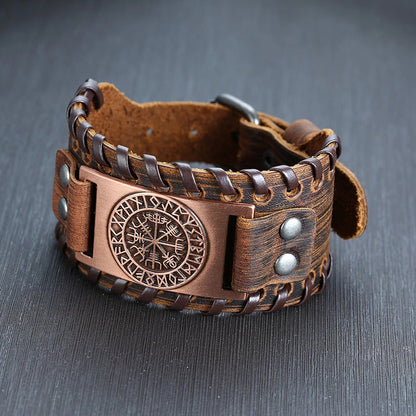 Vnox Wide Leather Wristband for Men Stylish Genuine Leather Bangle with Metal Charm Bracelets Punk Male Pulseira