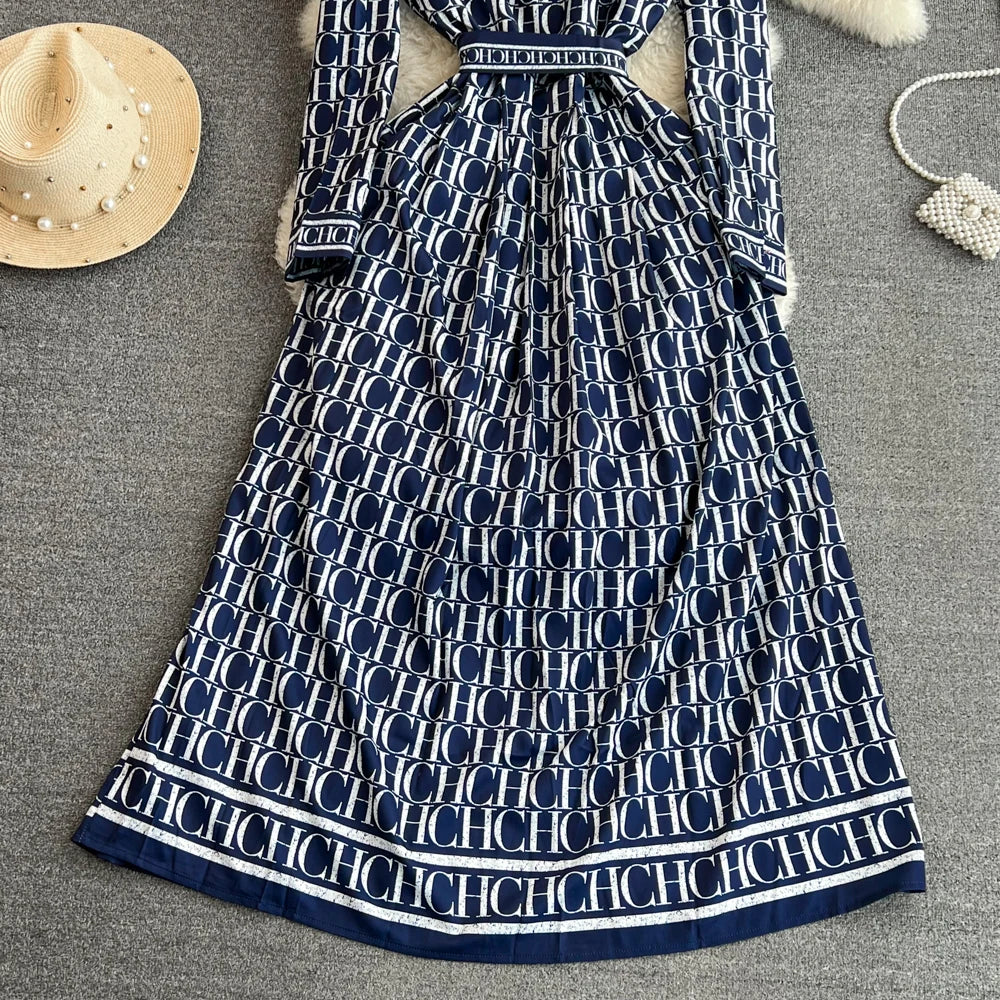 Autumn Korean Version Mature Style Retro Elegant Turtleneck Ultra High Waist Waist-Cinching Slimming Printed BASICS Shirt Dress