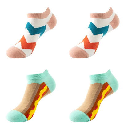 4 pairs Men's And Women's Latest Design Boat Socks Short Summer Socks Quality Business Geometric Lattice Colorful  Cotton Socks