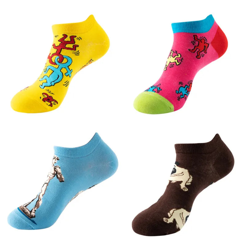 4pairs Funny animal Combed Cotton Fashion Hip Hop Man woman Oil Painting Socks Harajuku Skateboard outer space Happy love Socks