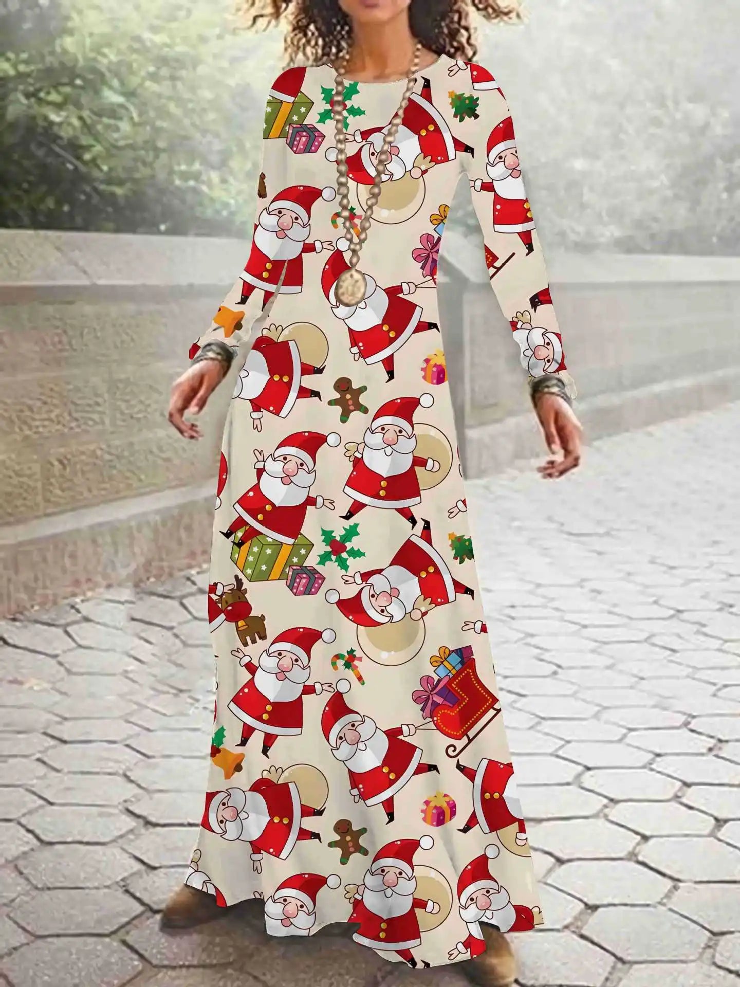 Print on Demand New Autumn and Winter Long Sleeved Christmas 3D Digital Printed Dress