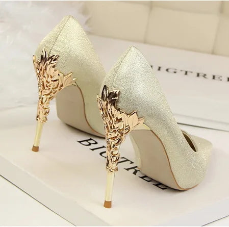 Metal Carved Thin Heel High Heels Pumps Women Shoes Sexy Pointed Toe Ladies Shoes Fashion Candy Colors Wedding Shoes WomanMetal
