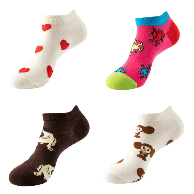 4pairs Funny animal Combed Cotton Fashion Hip Hop Man woman Oil Painting Socks Harajuku Skateboard outer space Happy love Socks