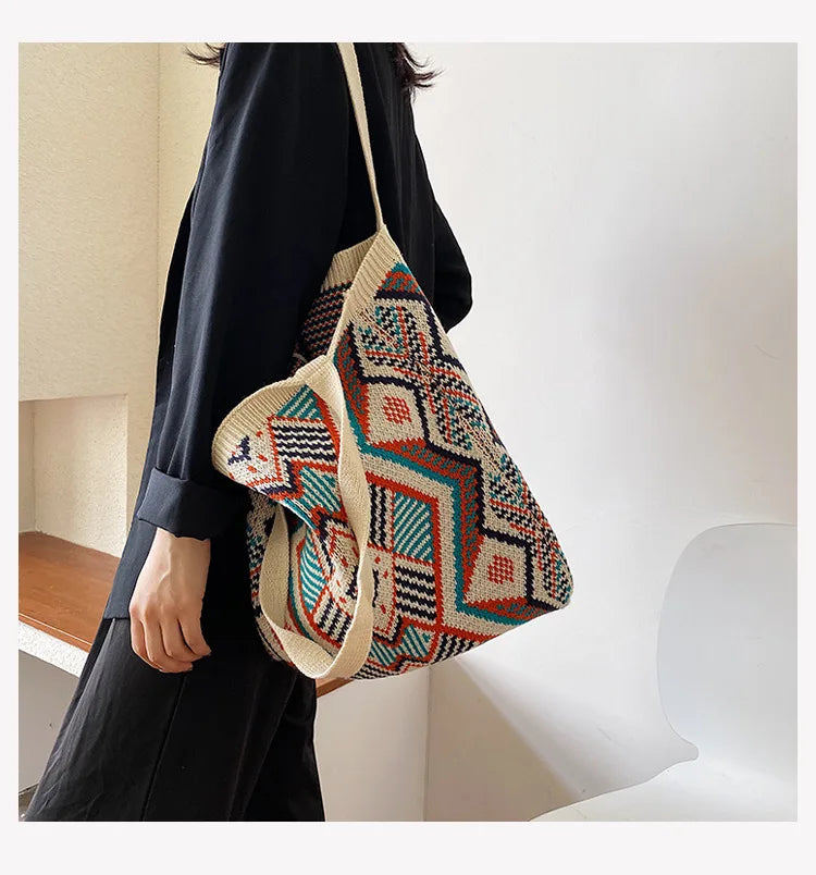 Lady Knitting Gypsy Bohemian Boho Chic Aztec Tote Bag Women Crochet Woolen Open Shopper Top-handle Bag 2022 Female Daily Handbag