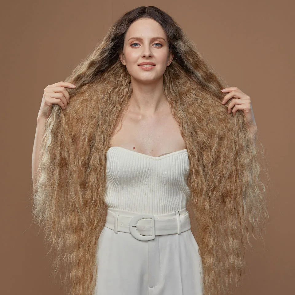FASHION IDOL 42" Loose Wave Lace Front Wig Hair Synthetic Wigs For Women Ombre Blonde Water Wavy Long Curly Hair Wig Cosplay
