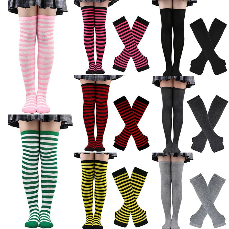 2Pair/Set Women Gothic Punk Over Knee Long Stripe Socks Girl Arm Sleeve Gloves Thigh High Cotton Socks Sweet Cute Christmas Gift