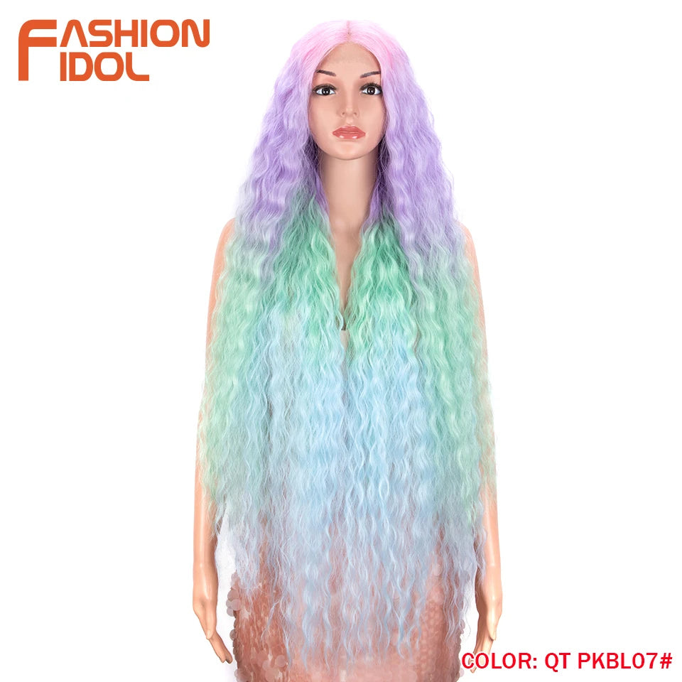 FASHION IDOL 42" Loose Wave Lace Front Wig Hair Synthetic Wigs For Women Ombre Blonde Water Wavy Long Curly Hair Wig Cosplay
