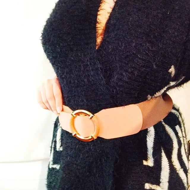 Women’s Elastic Stretch Wide Waist Belts w Wrapped Gold Circle Buckle