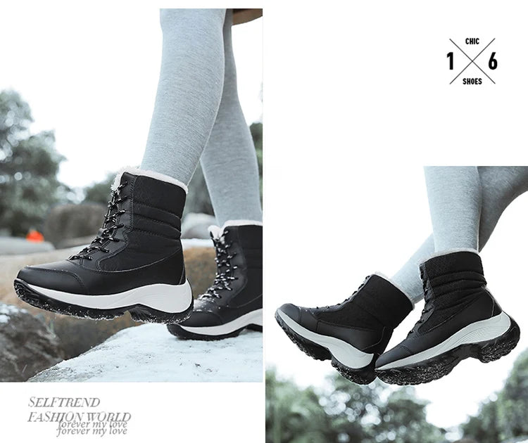 Snow Boots Woman Solid Shoes Woman Lace-Up Ladies Shoes Soft Ankle Boots Warm Lightweight Winter Ladies Boots Botas Mujer