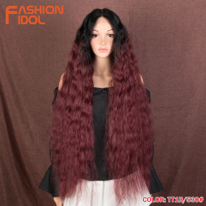 FASHION IDOL 42" Loose Wave Lace Front Wig Hair Synthetic Wigs For Women Ombre Blonde Water Wavy Long Curly Hair Wig Cosplay