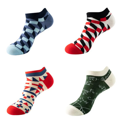 4 pairs Men's And Women's Latest Design Boat Socks Short Summer Socks Quality Business Geometric Lattice Colorful  Cotton Socks