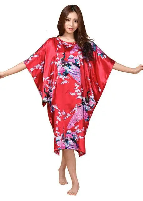Lady Classic Bat Sleeve Kimono Bathrobe Gown Print Floral Sleepwear Nightgown Lougne Nightdress Negligee Soft Intimate Lingerie