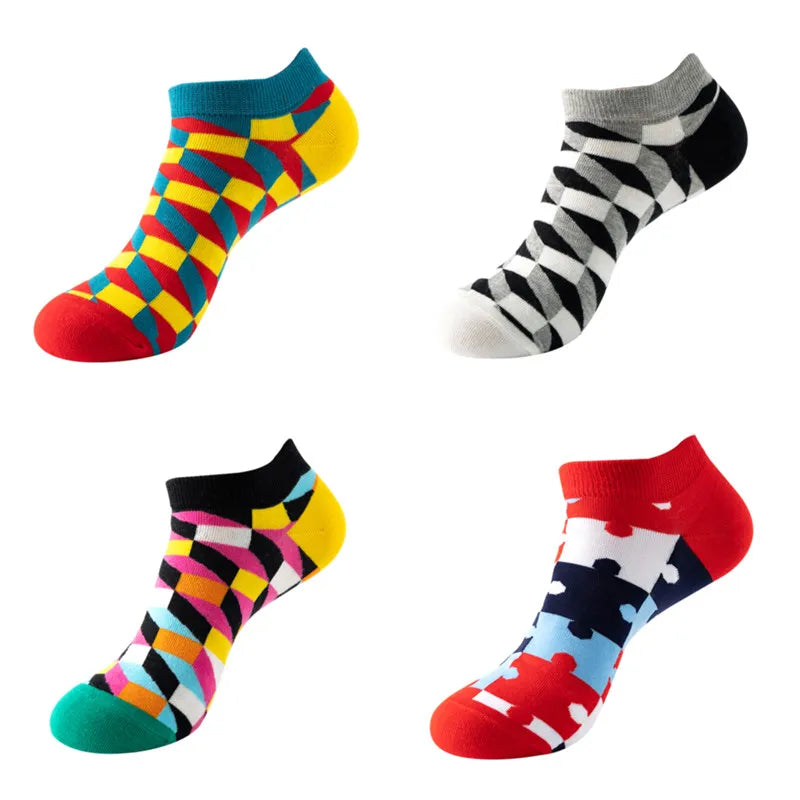 4 pairs Men's And Women's Latest Design Boat Socks Short Summer Socks Quality Business Geometric Lattice Colorful  Cotton Socks