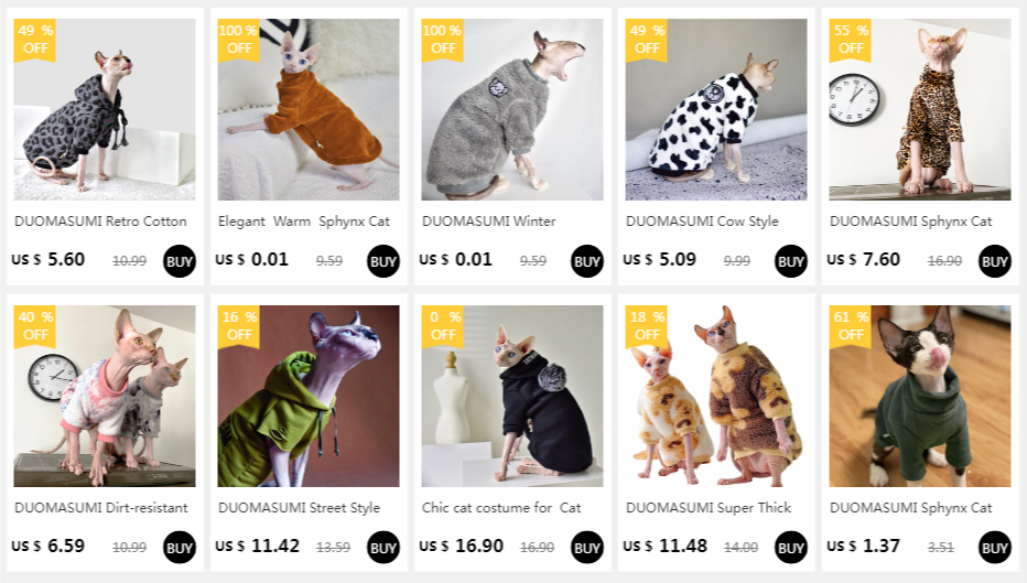 Hairless Sphynx Cat Apparel, Kitty Clothes, Bald Cat Outfits, Autumn and Winter Apparel