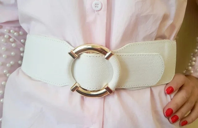 Women’s Elastic Stretch Wide Waist Belts w Wrapped Gold Circle Buckle